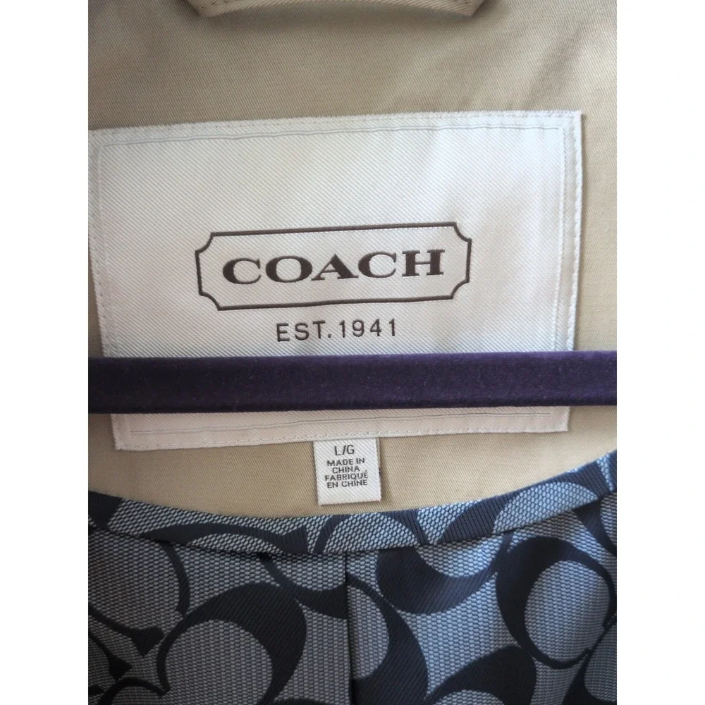 Coach Women's Khaki Peacoat With Signature Blue Logo Design Inner Lining (Large)
